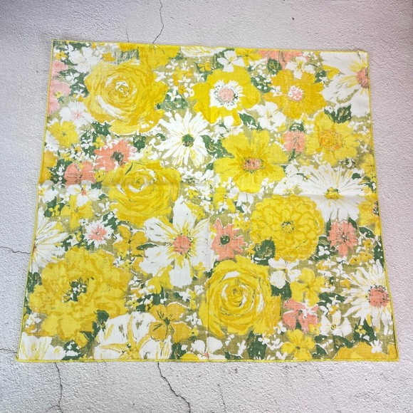 Vintage Fabric Napkins Set of 4 Yellow Orange Multicolor Daisies Roses MOD Print - Picture 2 of 10
